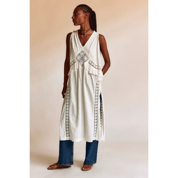 Free People Tops - Free People Willow Maxi Top Crochet Lace Ruffle Cotton Jersey Ivory L NWT 284630